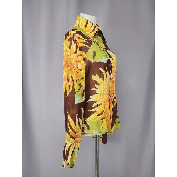 Body By Victoria Secrets Shirt Medium Brown Yellow Silk Floral Button Top Groovy - Picture 2 of 15
